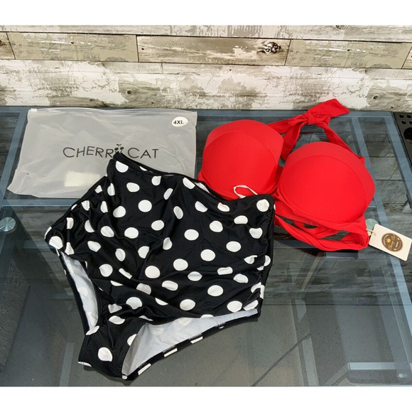 CHERRY CAT Womens Vintage Retro Polka High Waisted Underwire Bikini 2pc Size 4XL - Picture 1 of 5